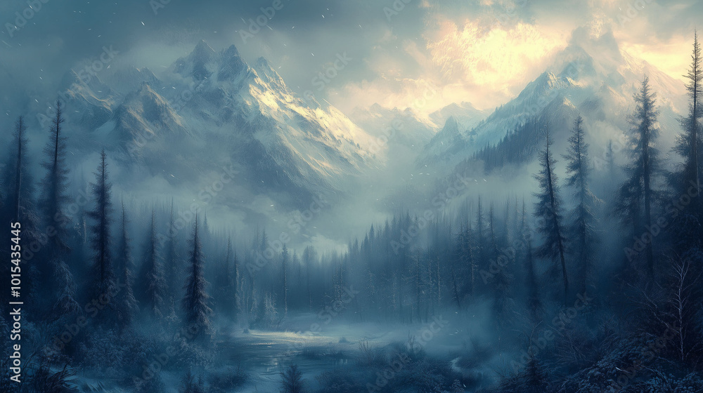 Misty mountain landscape with snow-covered peaks and a forested valley Misty mountain landscape with snow-covered peaks and a forested valley