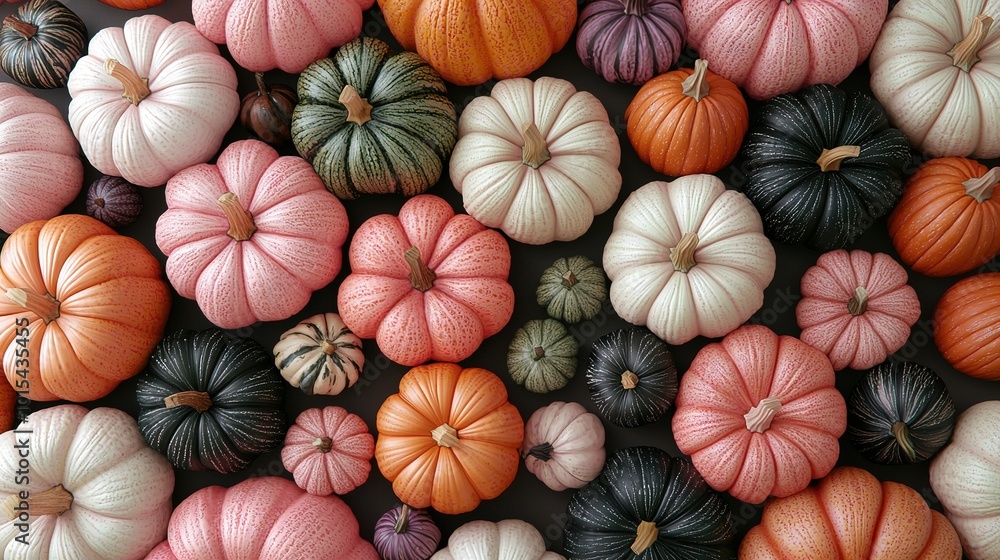 Fototapeta premium A cluster of pumpkins positioned atop a dark countertop adjacent to an assortment of white and orange pumpkins
