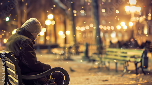 A worried man sits alone on a park bench, surrounded by empty benches, he feels lonely and uncertainty from unemployment. photo