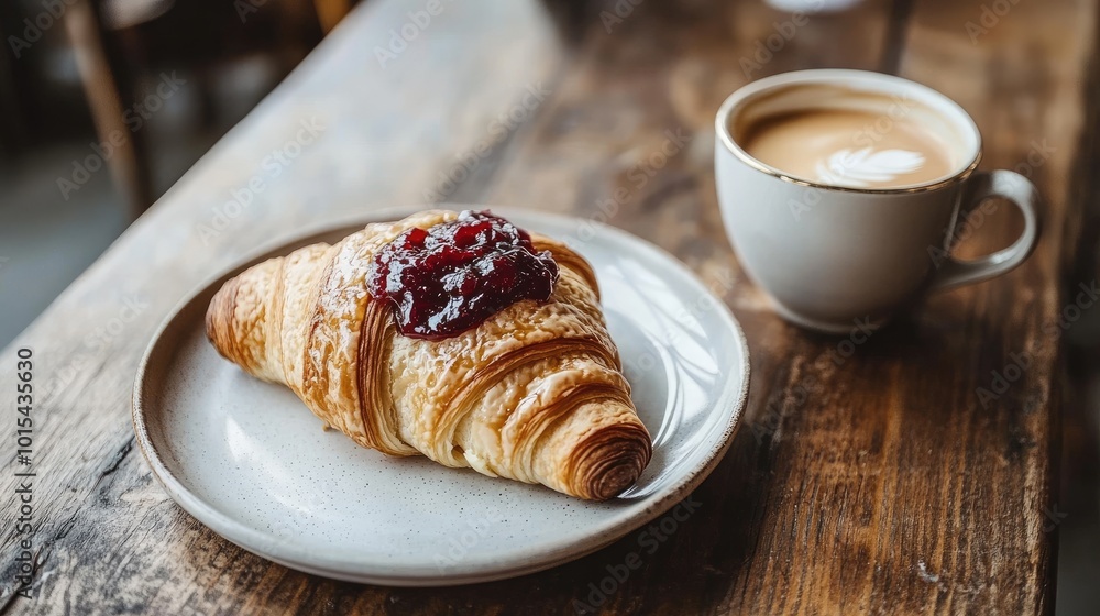 A beautifully plated French croissant with butter and jam on a wooden table, served with a cup of coffee. The cozy setting is empty with no people around A beautifully plated French croissant with butter and jam on a wooden table, served with a cup of coffee. The cozy setting is empty with no people around