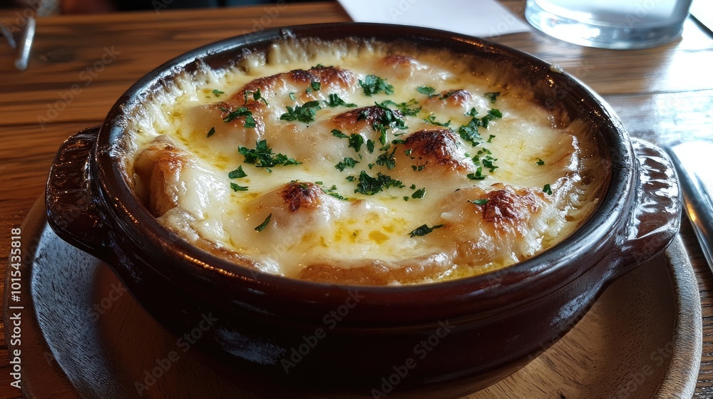A classic French onion soup served in a rustic bowl with melted cheese on top. The table is set, but no one is there A classic French onion soup served in a rustic bowl with melted cheese on top. The table is set, but no one is there