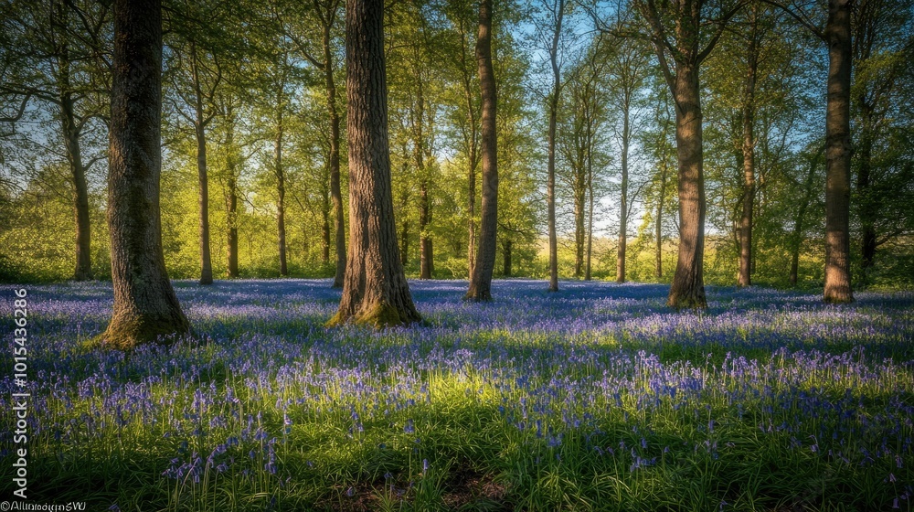 Fototapeta premium A field of bluebells in full bloom, with their tiny bell-shaped flowers creating a carpet of blue under the shade of tall trees