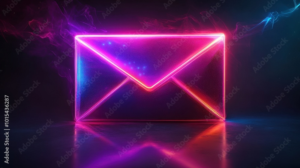 Neon envelope with shimmering colors on a dark background Neon envelope with shimmering colors on a dark background