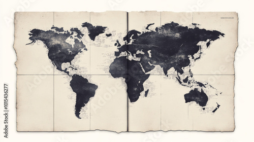 A vintage world map with torn edges in a distressed style.