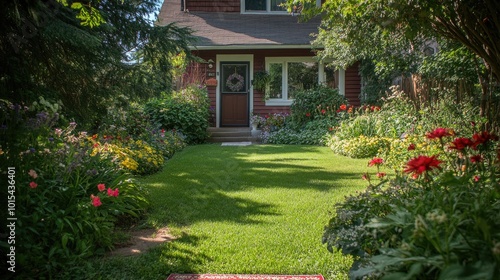 A front yard featuring a neat green lawn, a welcome mat at the door, and vibrant garden flowers. The yard is empty and peaceful