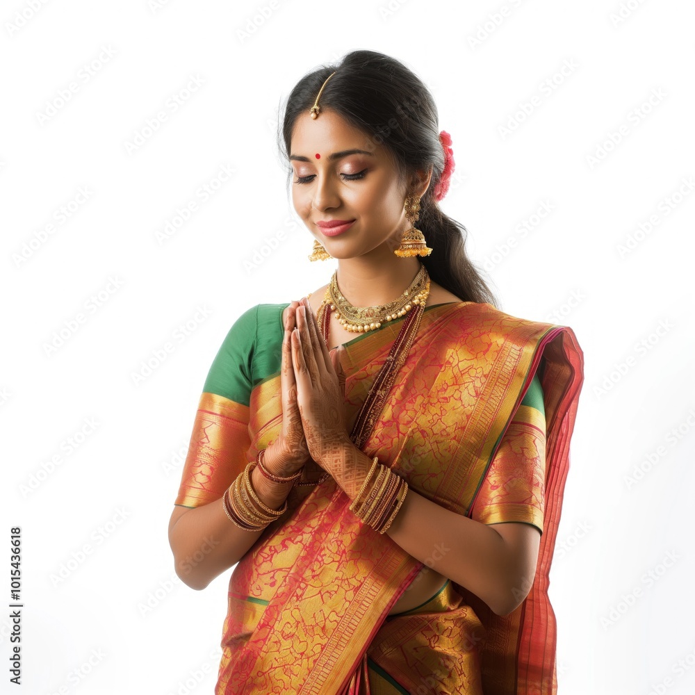 Indian woman in traditional saree dress, vibrant red, gold colors, intricate patterns, clasped hands in prayer pose, serene expression, elegant attire, beautiful coiffure, ornate jewellery, welcoming Indian woman in traditional saree dress, vibrant red, gold colors, intricate patterns, clasped hands in prayer pose, serene expression, elegant attire, beautiful coiffure, ornate jewellery, welcoming