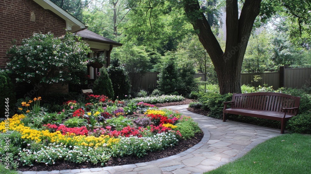 Obraz premium A front yard with colorful flower beds, a stone path, and a wooden bench under a large tree. No one is outside