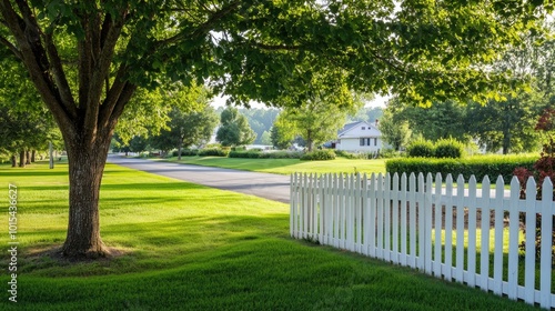 A front yard with a white picket fence, a large tree providing shade, and a quiet street beyond. The space is empty, with no human activity1