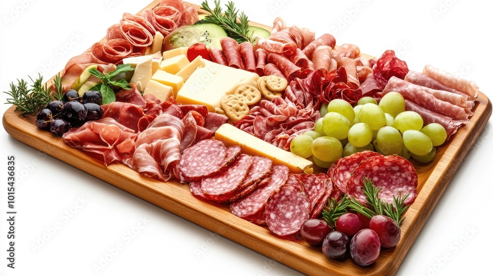 A gourmet European charcuterie board with various meats, cheeses, and fruits, beautifully arranged on a wooden platter. No one is dining A gourmet European charcuterie board with various meats, cheeses, and fruits, beautifully arranged on a wooden platter. No one is dining