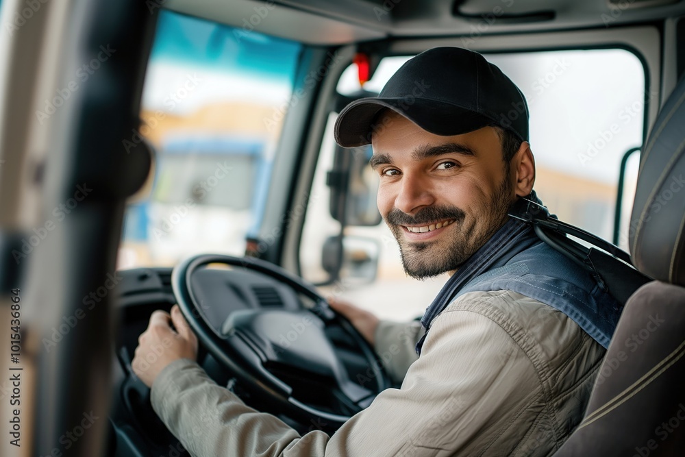 Man wearing black cap and gray jacket smiles looking directly at camera from truck driver seat. Gray truck interior features blue dashboard and white exterior. Man wearing black cap and gray jacket smiles looking directly at camera from truck driver seat. Gray truck interior features blue dashboard and white exterior.