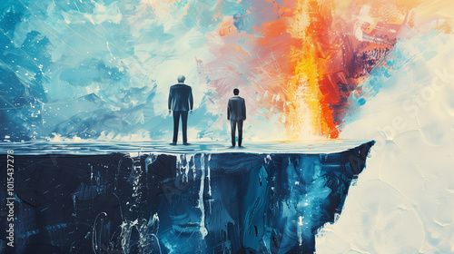 abstract depiction of a man in a suit stands at a cliff's edge, cold winds and icy sea below, fierce fire behind, symbolizing inner turmoil, confusion, and feeling trapped in a dire situation.