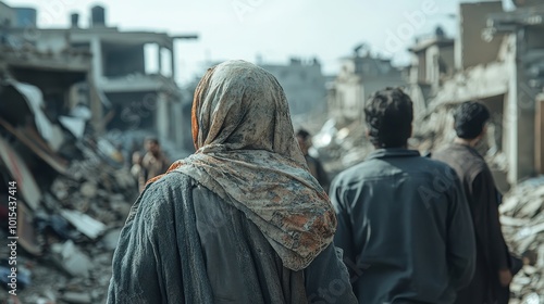 Refugees, view from the back, looking at damaged homes. Homeless people in front of destroyed home buildings because of earthquake or war missile strike. Refugees, war and economy crisis photo