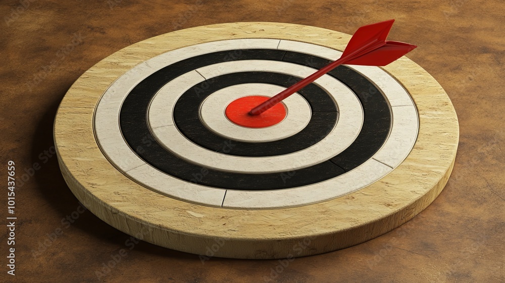 A large, modern 3D target icon with a red arrow piercing the center of a dartboard is isolated on a circular wooden block against a brown recycled paper background A large, modern 3D target icon with a red arrow piercing the center of a dartboard is isolated on a circular wooden block against a brown recycled paper background