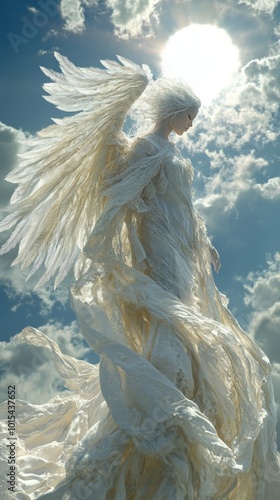 Angel soaring through sunset clouds, serene, wings outstretched in ethereal glow