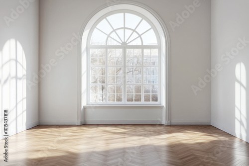 Spacious bright living room with arched windows, light-colored walls and wooden parquet flooring and area for text or design