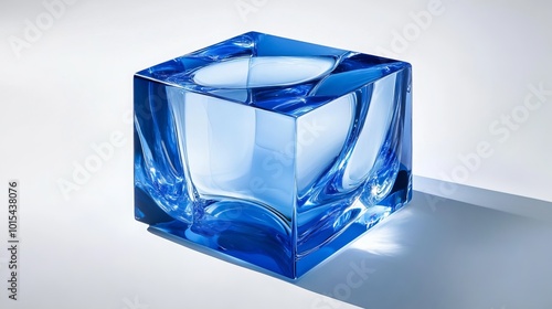 A radiant blue cube composed of glass with a 3D effect emanates a captivating glow, captivating the gaze with its enchanting presence. Its intricate form, defined by crisp lines and smooth curves