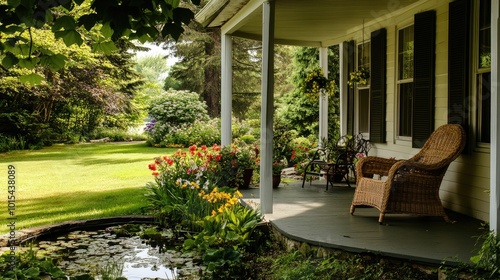 A serene front yard with a small pond, blooming flowers, and a wicker chair on the porch. The yard is empty and peaceful