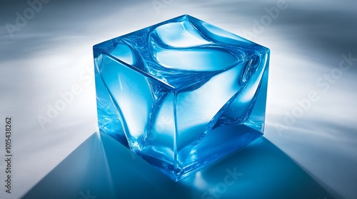 A radiant blue cube composed of glass with a 3D effect emanates a captivating glow, captivating the gaze with its enchanting presence. Its intricate form, defined by crisp lines and smooth curves