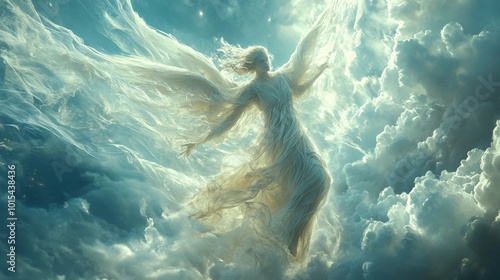 Angel soaring through sunset clouds, serene, wings outstretched in ethereal glow photo