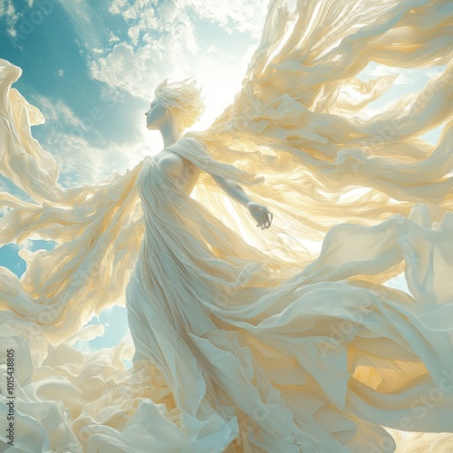 Angel soaring through sunset clouds, serene, wings outstretched in ethereal glow