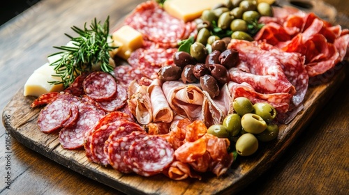 A traditional Italian antipasti platter with cured meats, olives, and cheese, arranged on a wooden board. No one is dining