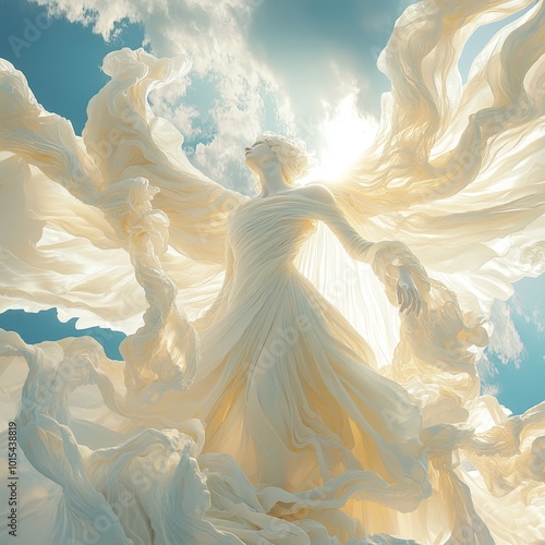 Angel soaring through sunset clouds, serene, wings outstretched in ethereal glow photo