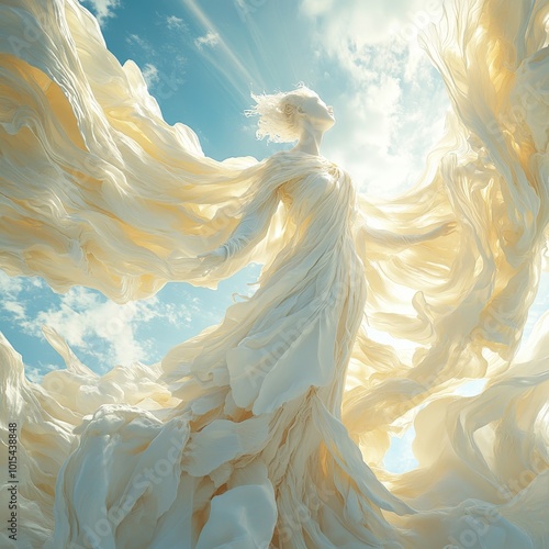 Angel soaring through sunset clouds, serene, wings outstretched in ethereal glow