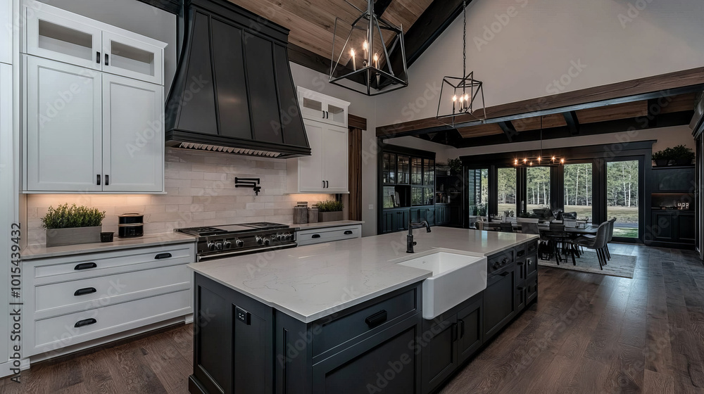 Modern kitchen with white cabinets and a large island with a farmhouse sink. The kitchen has a large window that looks out onto a wooded area. Modern kitchen with white cabinets and a large island with a farmhouse sink. The kitchen has a large window that looks out onto a wooded area.