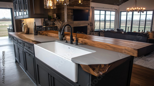 A modern farmhouse kitchen with a large farmhouse sink and a live edge countertop.