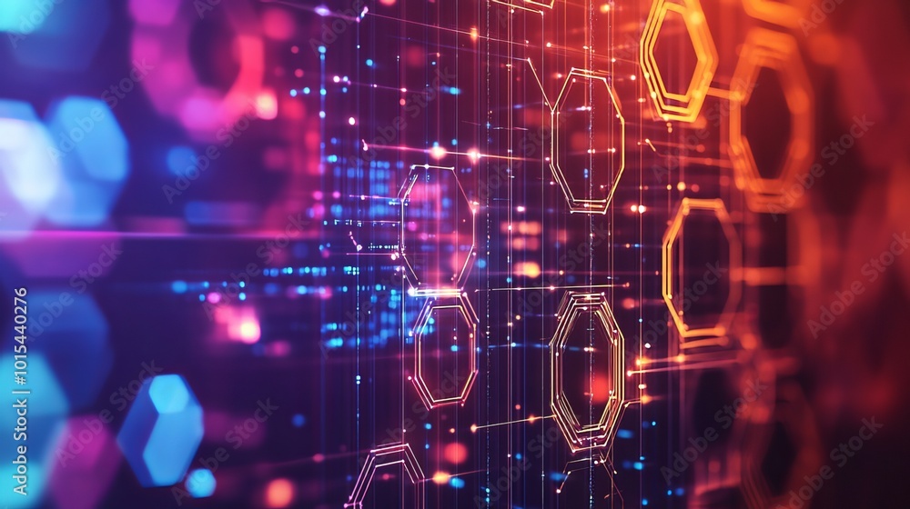 Obraz premium Abstract technological background with hexagonal pattern. Modern 3D render with dynamic shapes and colors. Concept of innovation, technology, and communication. 