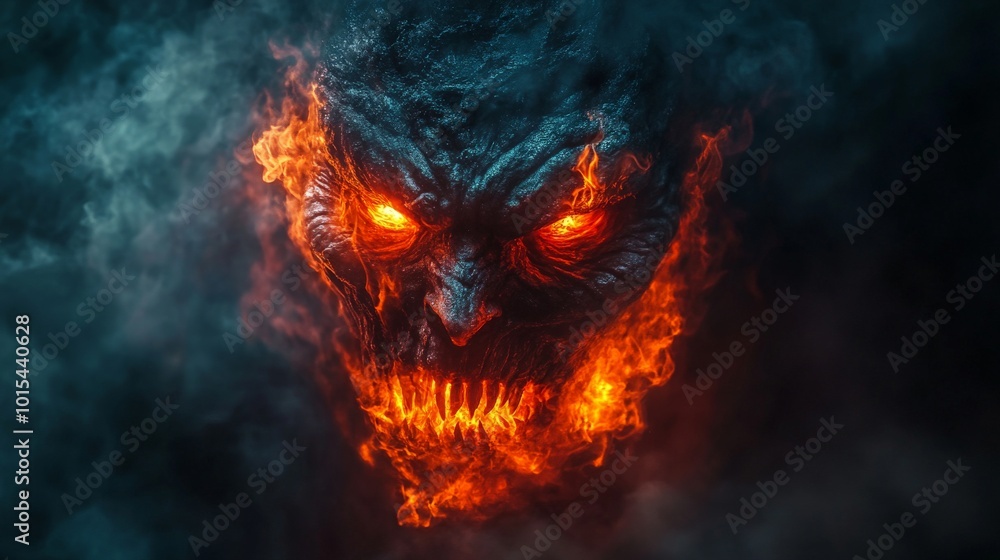 Fierce fire demon engulfed in flames with glowing eyes in dark realm Fierce fire demon engulfed in flames with glowing eyes in dark realm