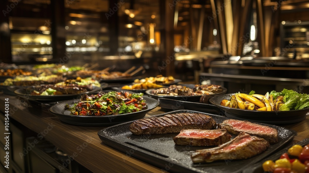 An empty Western food buffet with plates of various dishes, including steaks, salads, and roasted chicken. The scene is calm, with no people around