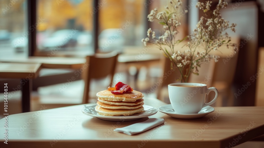 An empty Western food cafe with a table set for breakfast, featuring pancakes, bacon, and a cup of coffee. No one is around An empty Western food cafe with a table set for breakfast, featuring pancakes, bacon, and a cup of coffee. No one is around