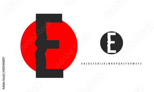 Letter E silhouette on red sun, twisting alphabet. Japanese logo for sushi roll restaurant logo, asian cultural event logotype. Vector logo and typeset