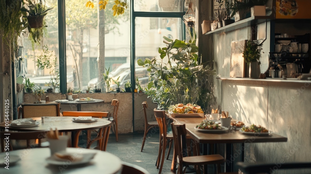 An empty Western-style cafe with tables set for a meal, featuring salads and sandwiches. No people are present An empty Western-style cafe with tables set for a meal, featuring salads and sandwiches. No people are present