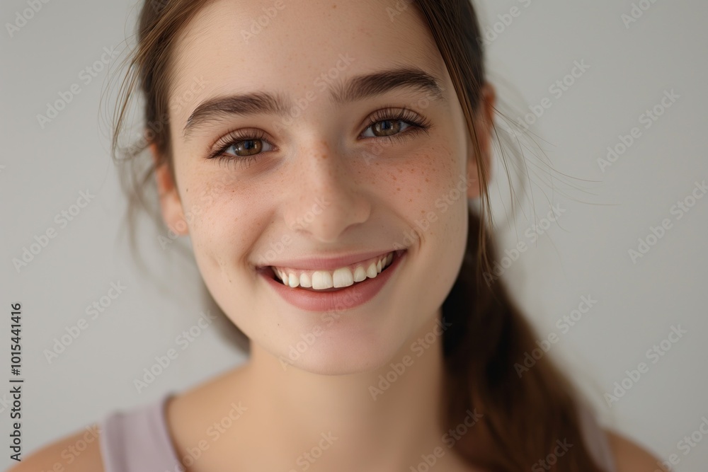 Young woman with brown hair smiling on plain white background. Close-up of happy female with ponytail, radiant smile. Caucasion woman with diastema in casual attire, carefree expression. Young woman with brown hair smiling on plain white background. Close-up of happy female with ponytail, radiant smile. Caucasion woman with diastema in casual attire, carefree expression.