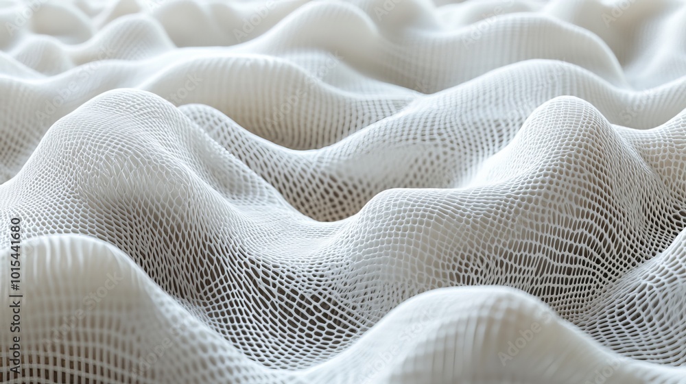An intricate weave of white threads intertwine, forming a rippled surface. The individual fibers are magnified to reveal their extreme detail, creating a high-definition 3D render. An intricate weave of white threads intertwine, forming a rippled surface. The individual fibers are magnified to reveal their extreme detail, creating a high-definition 3D render.