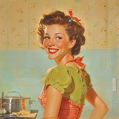 A smiling woman in a red and white checkered dress with green sleeves stands in a kitchen with a pot on the stove.