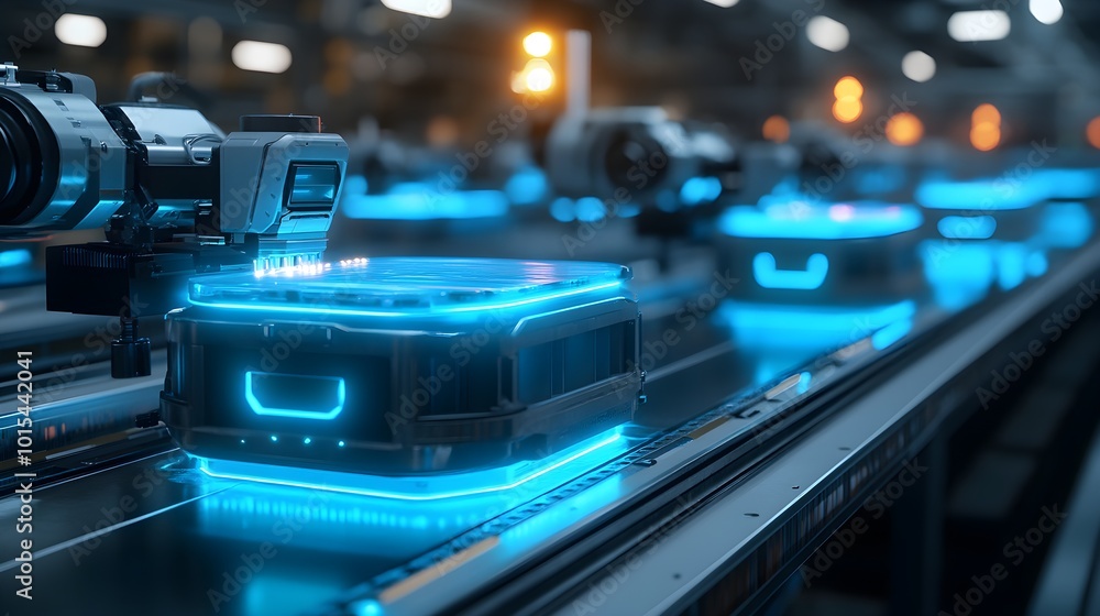 Robots using light sensors inspecting packaged food on a conveyor belt, futuristic factory, blue neon glow, digital illustration, high-tech precision and sleek design Robots using light sensors inspecting packaged food on a conveyor belt, futuristic factory, blue neon glow, digital illustration, high-tech precision and sleek design