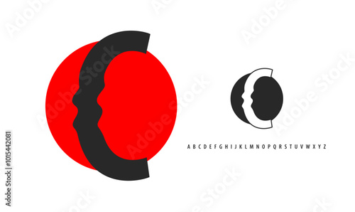 Letter C silhouette on red sun, twisting alphabet. Japanese logo for sushi roll restaurant logo, asian cultural event logotype. Vector logo and typeset