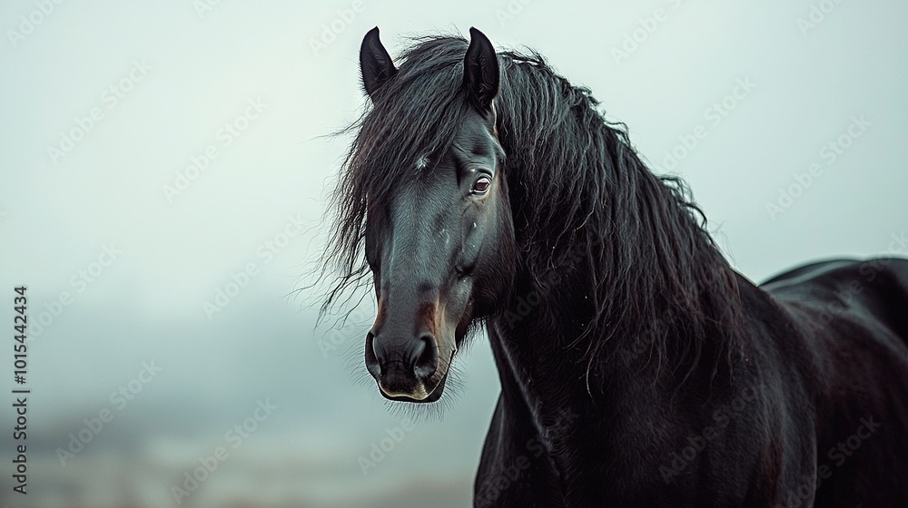 A close-up of a black horse with long mane and a hazy sky in the backdrop A close-up of a black horse with long mane and a hazy sky in the backdrop