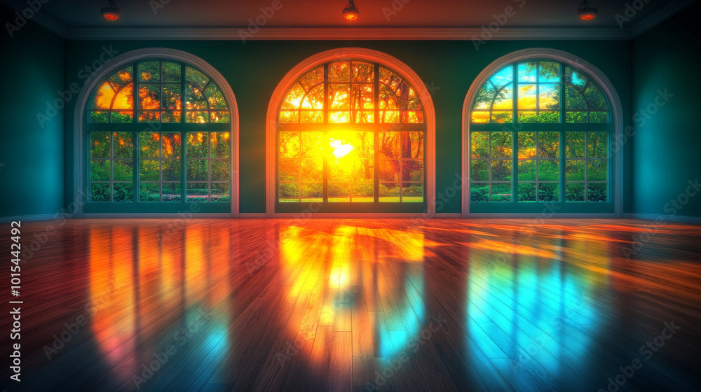 Obraz premium Sunlight streams through arched windows illuminating a wooden floor with vibrant hues.