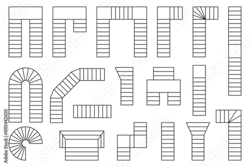 Set of stairs icons for flor plan. Staircase symbols for interior design project. Stairway elements for architecture blueprint isolated on white background. Vector graphic illustration