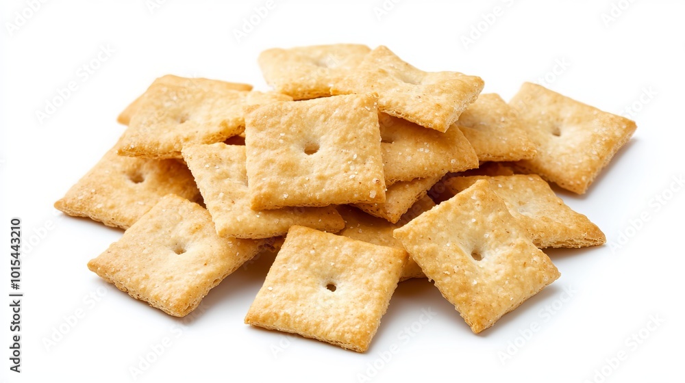 Dull, square soda crackers rest upon a white backdrop, isolated in sharp detail. Their diagonal arrangement enhances their geometric form, accentuating their crisp and dry texture. These crackers Dull, square soda crackers rest upon a white backdrop, isolated in sharp detail. Their diagonal arrangement enhances their geometric form, accentuating their crisp and dry texture. These crackers