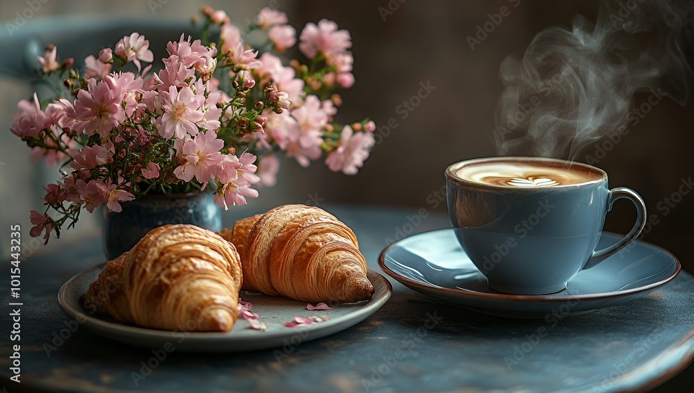 Close up of steaming coffee, croissants, and pink flowers on a blue table. Close up of steaming coffee, croissants, and pink flowers on a blue table.