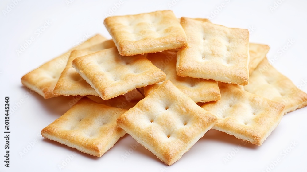 Dull, square soda crackers rest upon a white backdrop, isolated in sharp detail. Their diagonal arrangement enhances their geometric form, accentuating their crisp and dry texture. These crackers Dull, square soda crackers rest upon a white backdrop, isolated in sharp detail. Their diagonal arrangement enhances their geometric form, accentuating their crisp and dry texture. These crackers