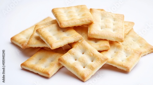 Dull, square soda crackers rest upon a white backdrop, isolated in sharp detail. Their diagonal arrangement enhances their geometric form, accentuating their crisp and dry texture. These crackers