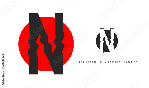 Letter N silhouette on red sun, twisting alphabet. Japanese logo for sushi roll restaurant logo, asian cultural event logotype. Vector logo and typeset
