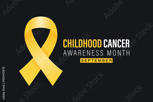 Childhood Cancer Awareness Month Banner, September. Card or Placard with Realistic 3D Vector Gold Yellow Ribbon on Black Background. Childhood Cancer Awareness Symbol. World Childhood Cancer Day