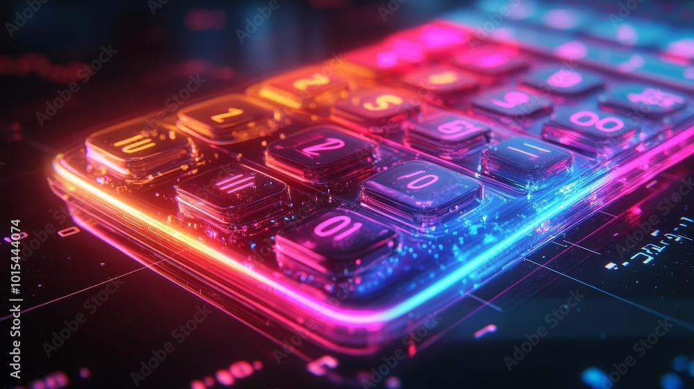 Digital finance in the future, represented by a minimal calculator glowing in vibrant neon, with binary code seamlessly integrated into the design Digital finance in the future, represented by a minimal calculator glowing in vibrant neon, with binary code seamlessly integrated into the design